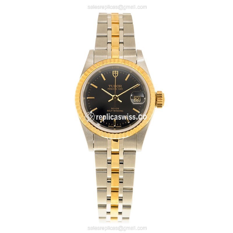 Automatic Tudor Princess Date - 18kt Gold & Steel - Black Dial, Gold Strap - View 2