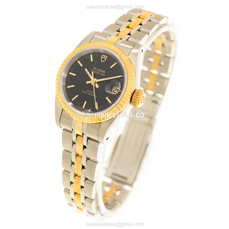 Automatic Tudor Princess Date - 18kt Gold & Steel - Black Dial, Gold Strap - View 3