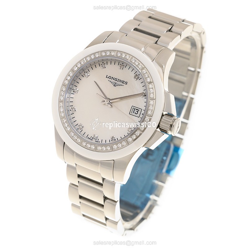 Longines Conquest Quartz Replica - Diamond-Trimmed White Dial - Steel Case & Clasp - View 3