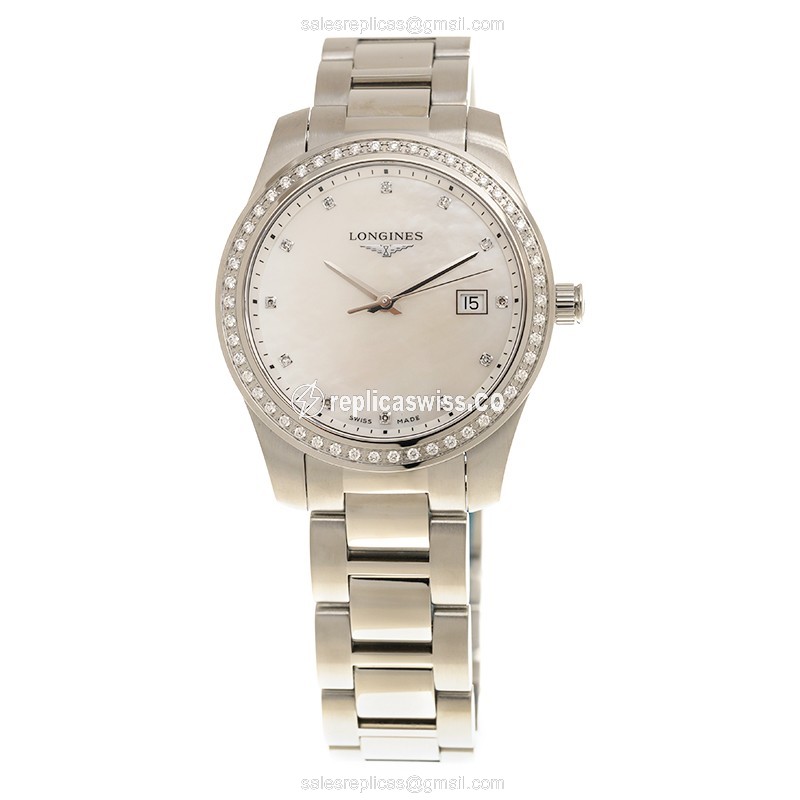 Longines Conquest Quartz Replica - Stainless Steel & Diamond Case - White Dial - View 2