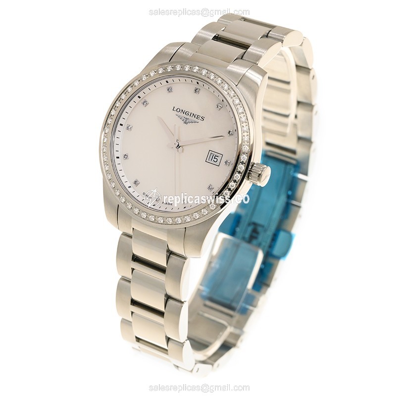 Longines Conquest Quartz Replica - Stainless Steel & Diamond Case - White Dial - View 3