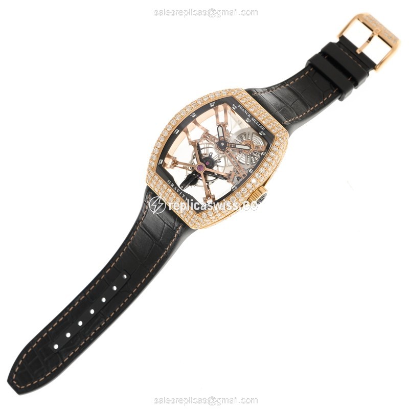 Franck Muller V 45 T GRAVITY CS SQT D 18kt Rose Gold & Diamonds - Manual Wind - Transparent Dial - Leather Strap - Black Buckle - View 2