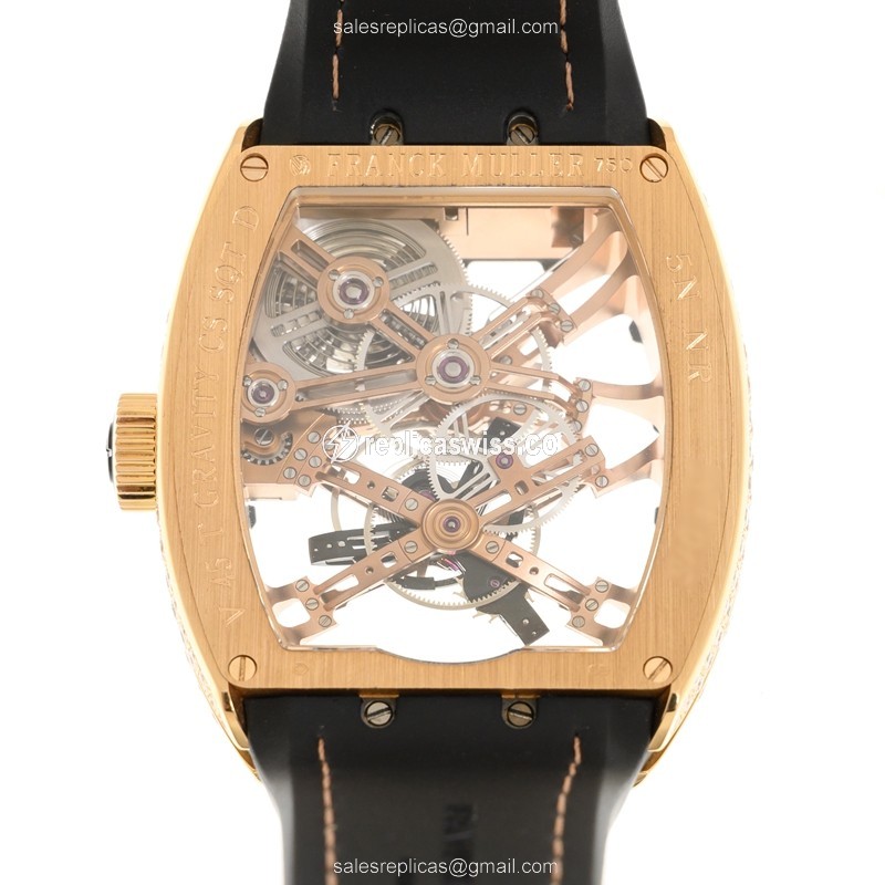 Franck Muller V 45 T GRAVITY CS SQT D 18kt Rose Gold & Diamonds - Manual Wind - Transparent Dial - Leather Strap - Black Buckle - View 3