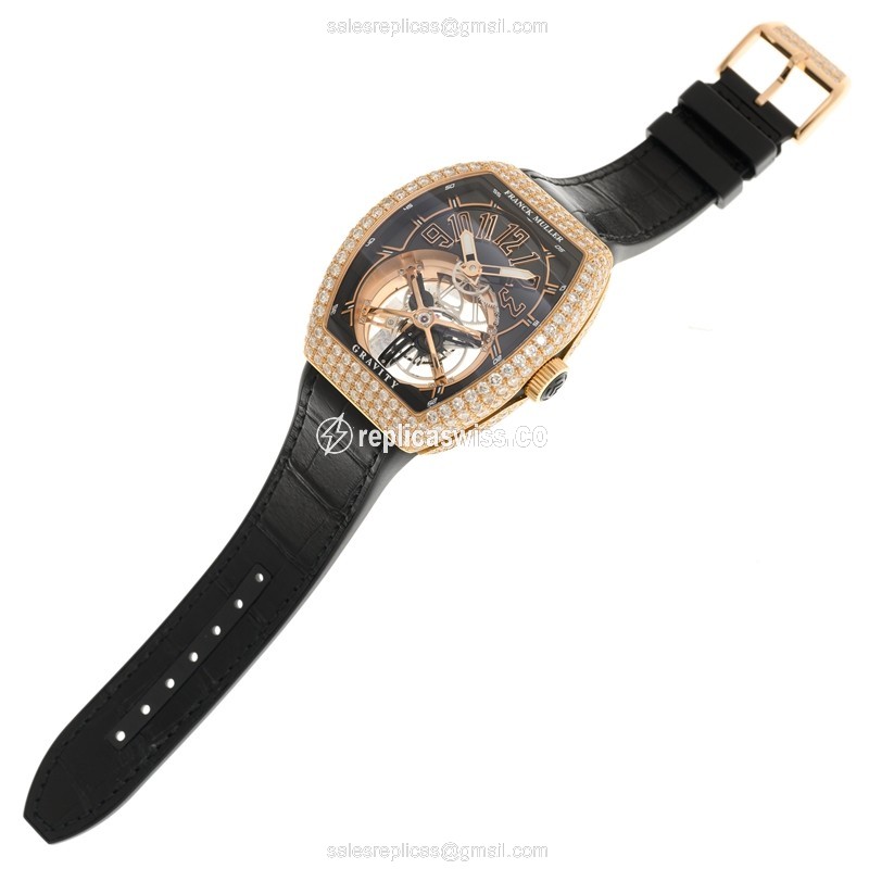 Franck Muller V 45 GRAVITY CS D 18kt Rose Gold & Diamond - Manual - Transparent - Buckle Clasp - Leather Strap - View 2