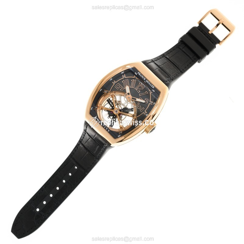 Franck Muller V45 Gravity CS 18kt Rose Gold Manual Wind - Transparent Dial - Black Leather Strap - View 2