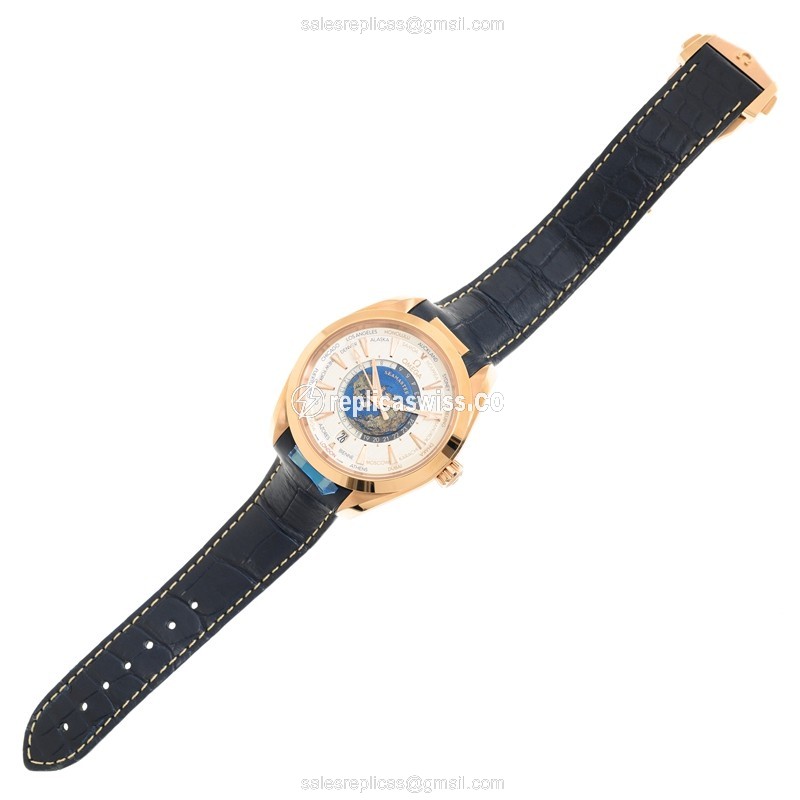 Omega Seamaster Replica - 18kt Rose Gold - Automatic - Silver Dial - Blue Alligator Strap - View 2