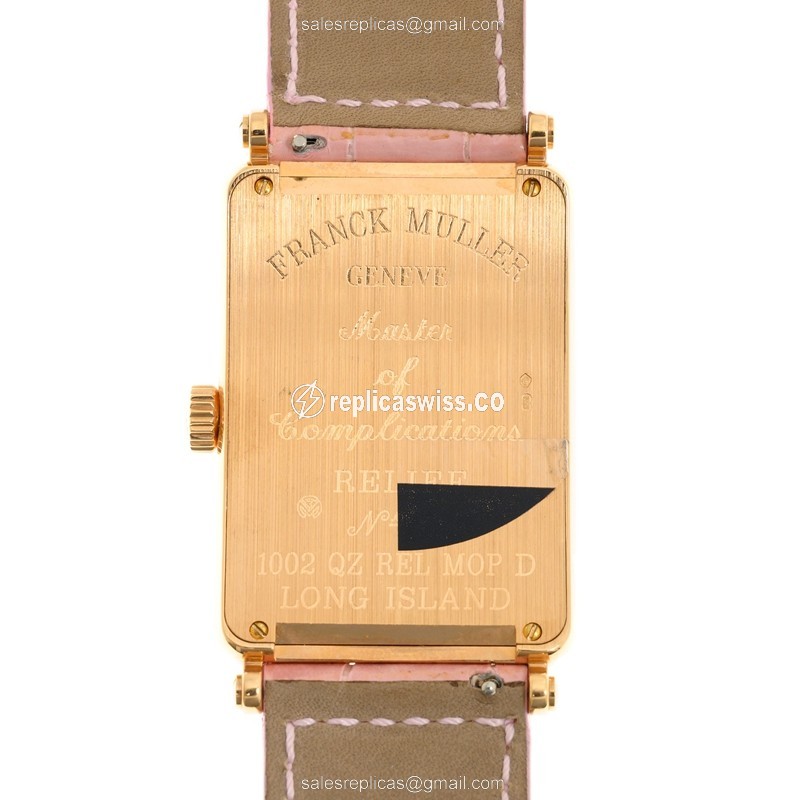 Franck Muller 1002 QZ REL MOP D LONG ISLAND - Quartz - 18kt Rose Gold Case - White Dial on Pink Alligator Strap - View 3