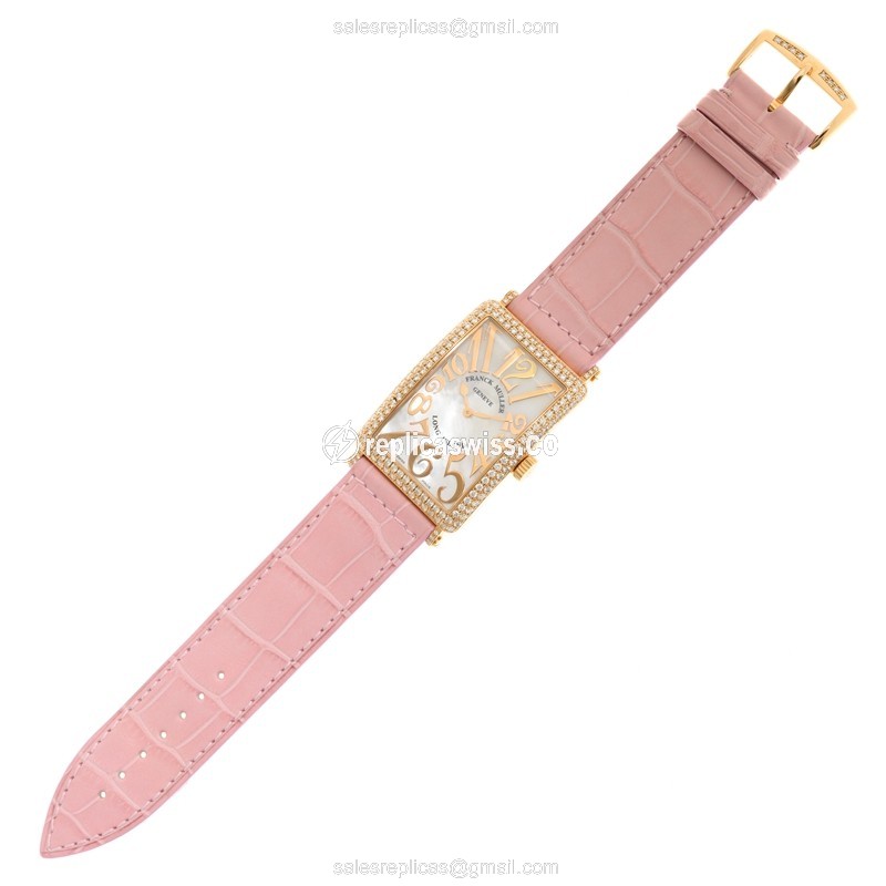Franck Muller 1002 QZ REL MOP D LONG ISLAND - Quartz - 18kt Rose Gold Case - White Dial on Pink Alligator Strap - View 2