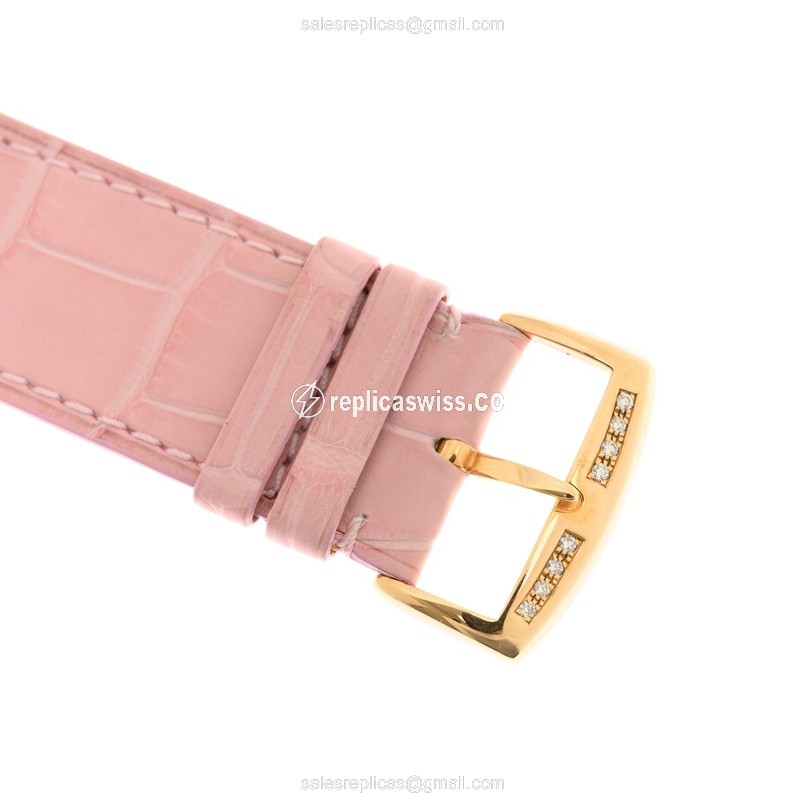 Franck Muller 1002 QZ REL MOP D LONG ISLAND - Quartz - 18kt Rose Gold Case - White Dial on Pink Alligator Strap - View 4