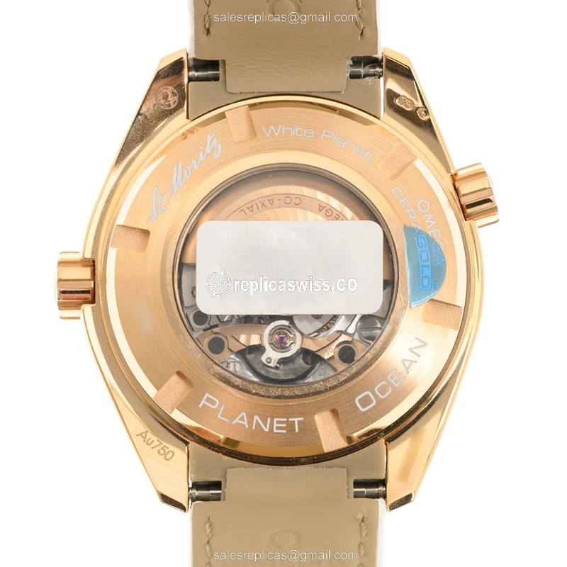 Omega Seamaster Replica - Automatic - 18kt Rose Gold - Ceramic Case - White Dial - White Cowhide Strap - View 3