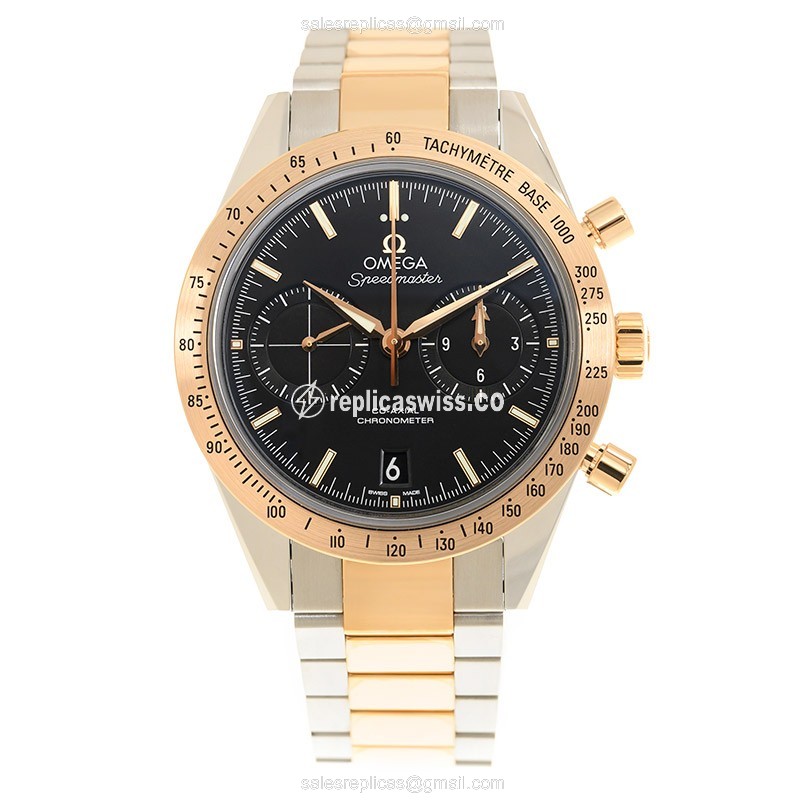 Omega Speedmaster Replica - Automatic - 18kt Rose Gold Case - Black Dial on Gold Steel Strap - View 2