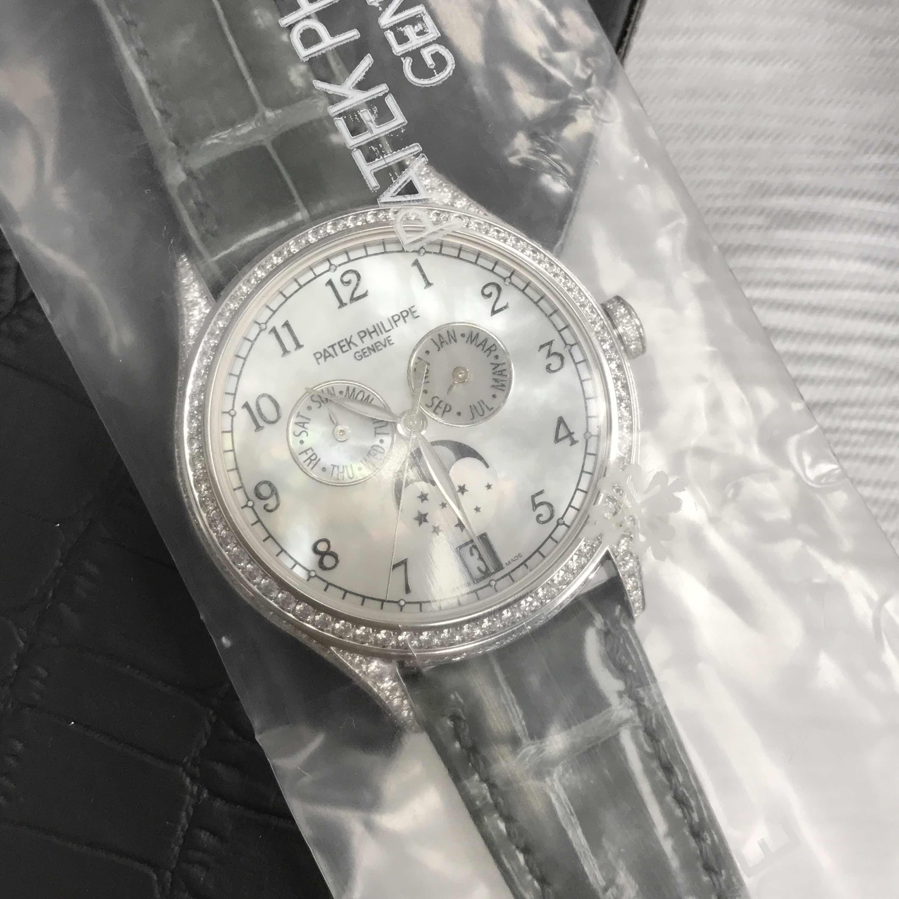 Patek Philippe 4948G-010 Replica - Auto - 18kt White Gold - Diamond Dial - Grey Alligator Strap - View 4