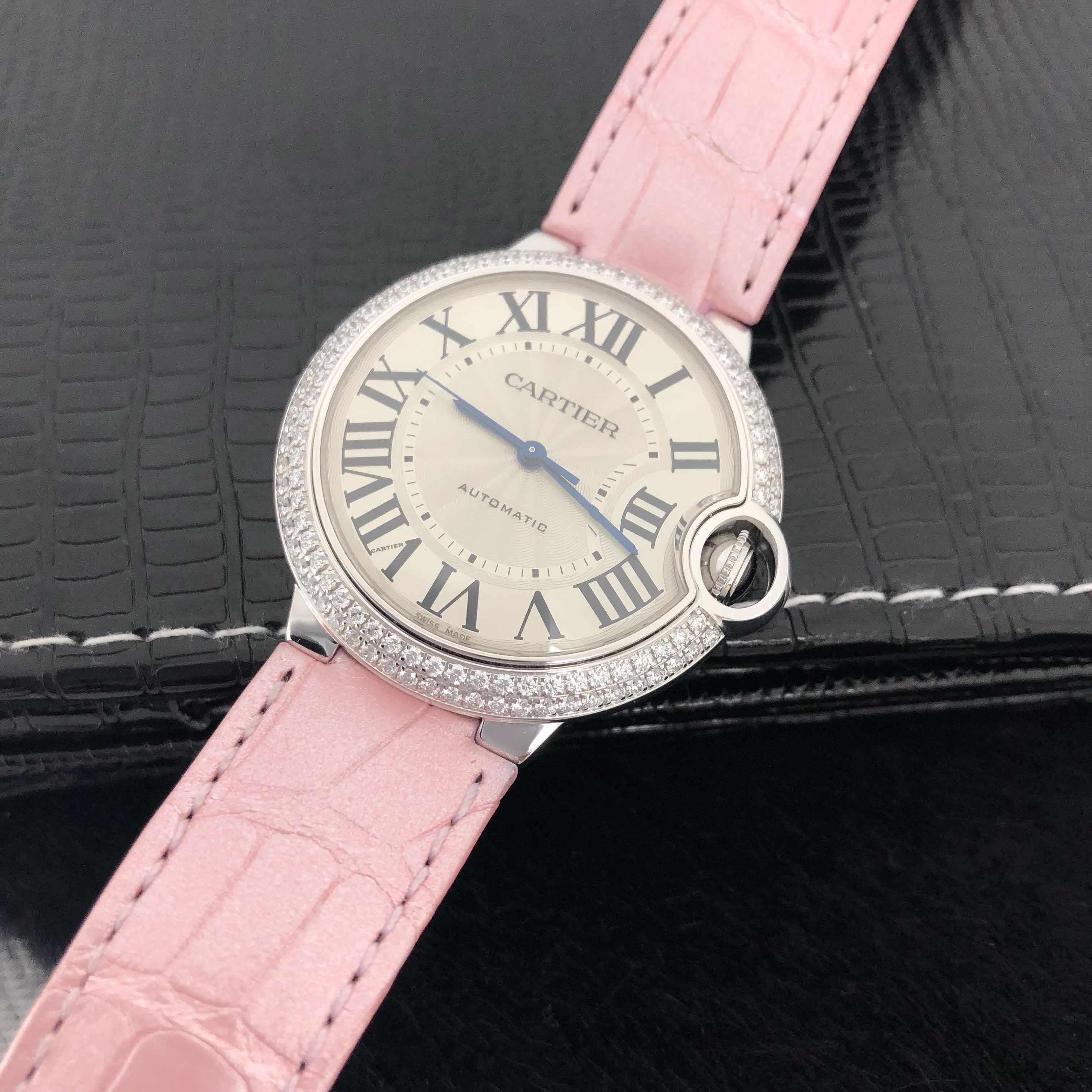 Cartier Ballon Bleu Replica - Automatic - 18kt White Gold - Diamond - White Dial - Pink Alligator Strap - View 4