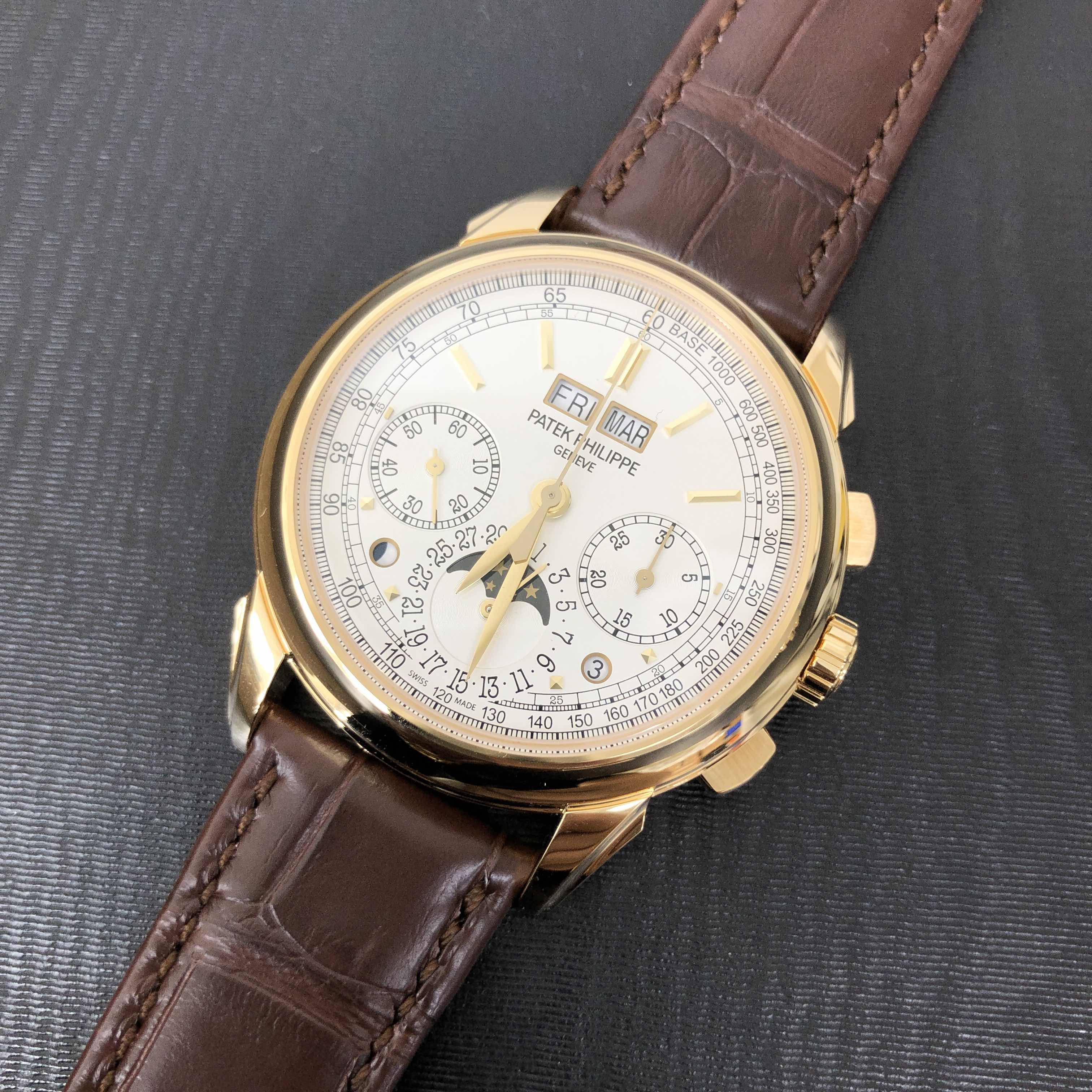 Patek Philippe 5270J-001 Replica - Manual Wind - 18kt Yellow Gold - White Dial - Alligator Brown Strap - View 4