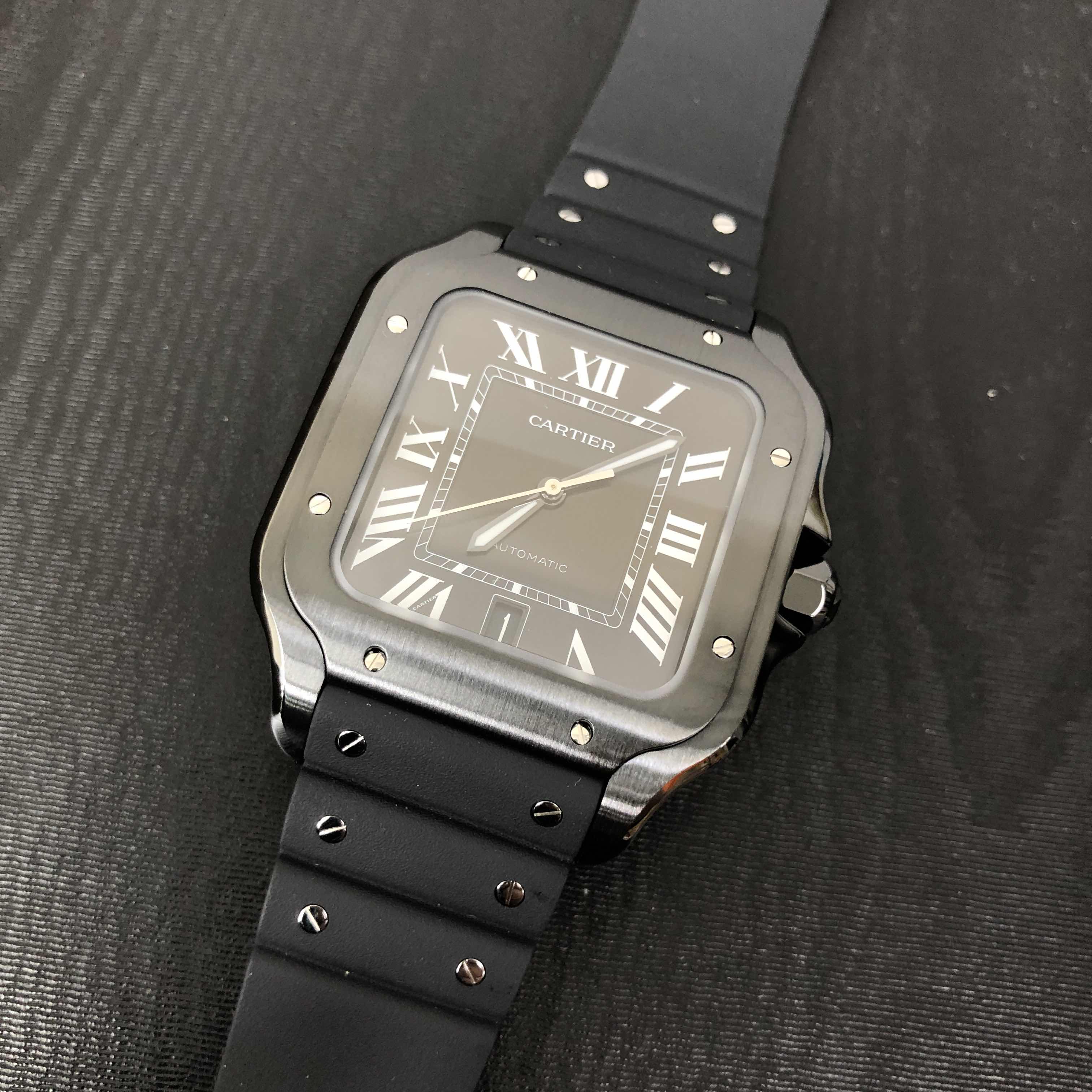 Cartier Santos Replica - Automatic - Steel Case - Black Dial - Rubber Strap - Black Buckle - View 4
