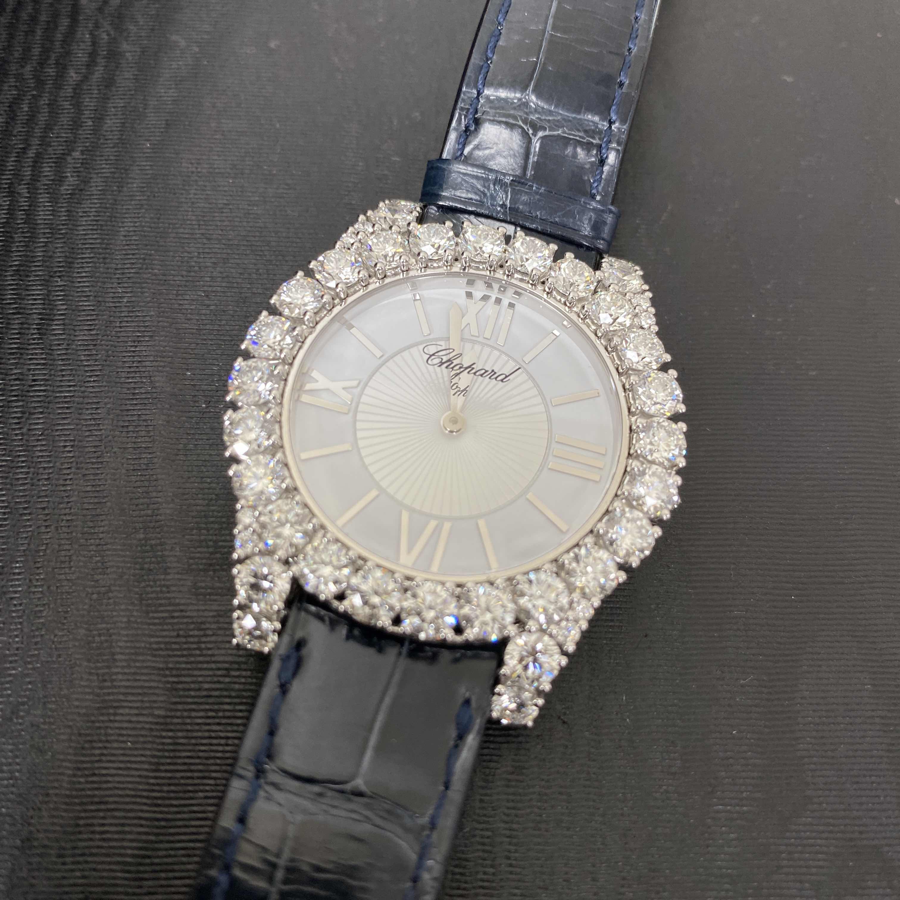 Chopard 139419-1414 Women Jewelry Replica - Auto - 18kt White Gold - Diamond - Silver Dial - Blue Alligator - View 4