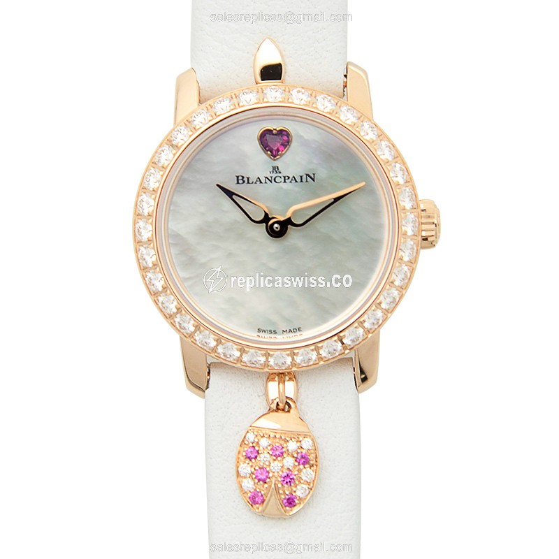 Blancpain Ladybird Replica - Automatic - 18kt Rose Gold - Diamond Set - Silver Dial - Leather Strap - White Buckle