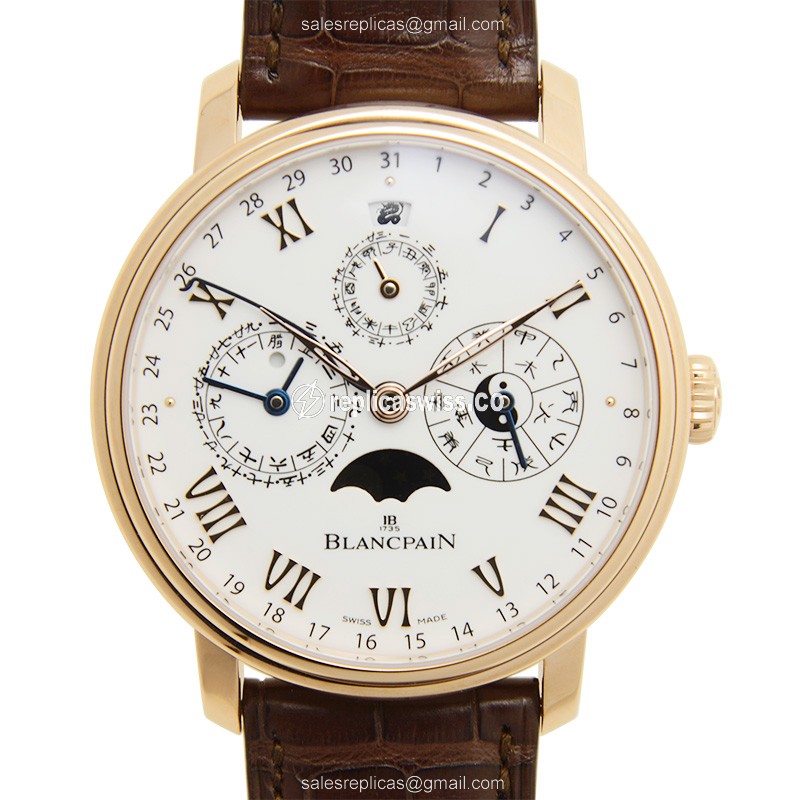 Blancpain VILLERET Replica - Automatic - 18kt Rose Gold - White Dial - Brown Alligator Strap - Luxury Replica VILLERET Watch