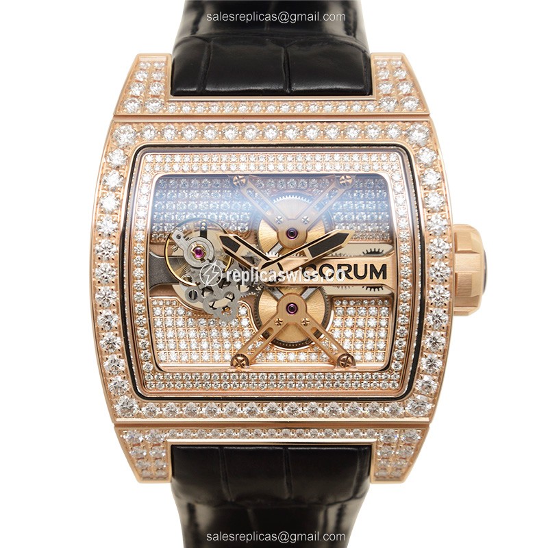 Corum BRIDGE Replica - Automatic - 18kt Rose Gold - Pink Dial - Diamonds - Black Alligator Strap