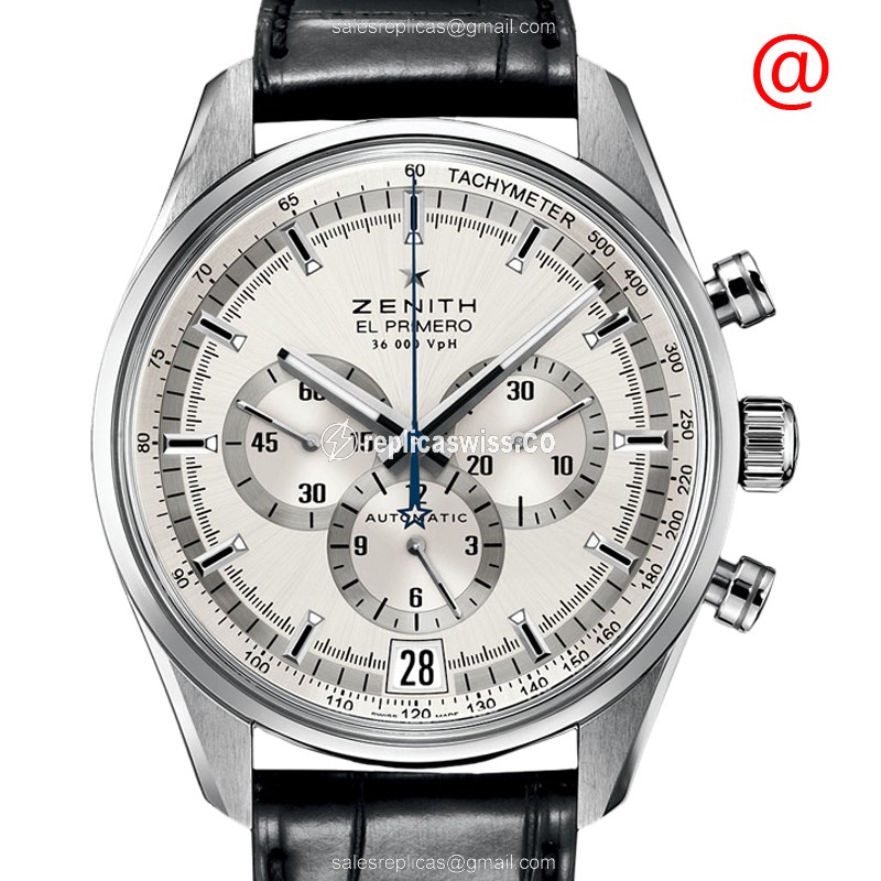 Zenith Chronomaster Automatic - Steel Case - Silver Dial - Black Alligator Strap - Luxury Replica CHRONOMASTER Watch