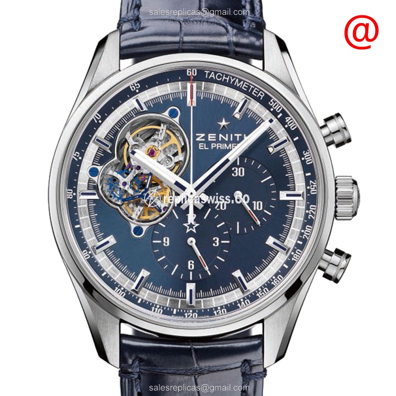 Zenith Chronomaster Replica - Automatic - Blue Dial - Steel Case - Blue Alligator Strap - Luxury Replica CHRONOMASTER Watch