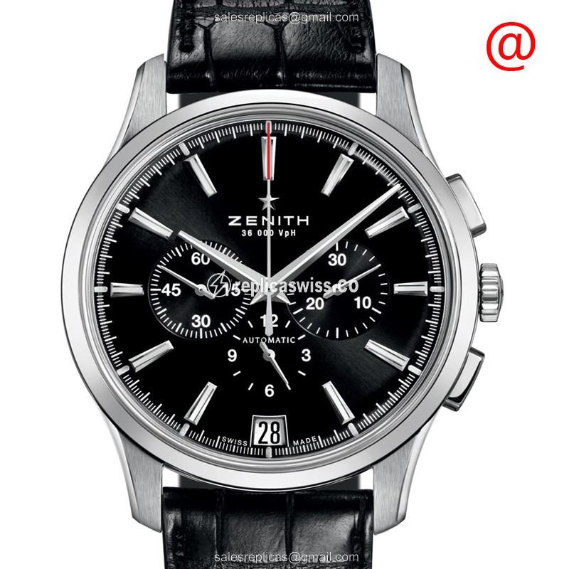 Zenith Captain Replica - Automatic - Stainless Steel - Black Dial - Alligator Strap - Luxury Replica CAPTAIN Watch