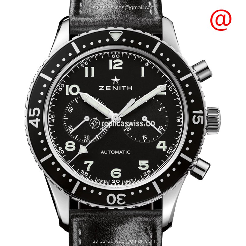 Zenith PILOTS Automatic - Steel - Black Dial - Black Cowhide - Clasp - Luxury Replica PILOTS Watch