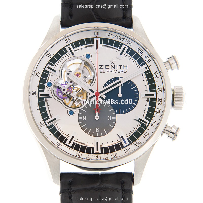Zenith El Primero Replica - Automatic - Silver Dial, Steel Case, Black Alligator Strap