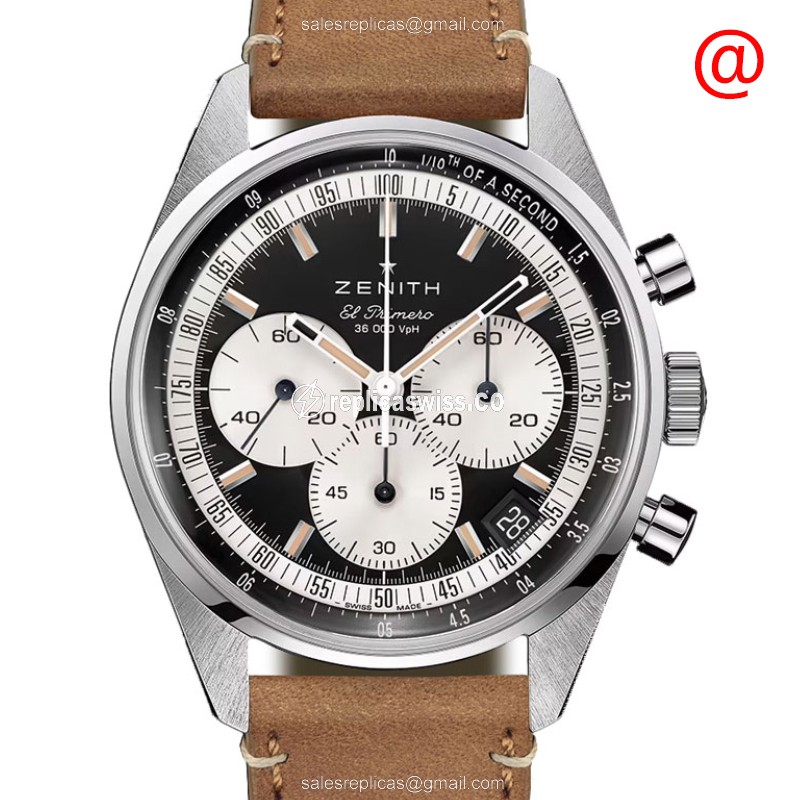 Zenith Chronomaster Replica - Automatic - Stainless Steel - Black Dial - Brown Leather Strap - Luxury Replica CHRONOMASTER Watch