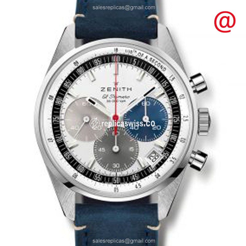 Zenith Chronomaster Replica - Automatic - Stainless Steel - White Dial - Blue Leather Strap - Luxury Replica CHRONOMASTER Watch