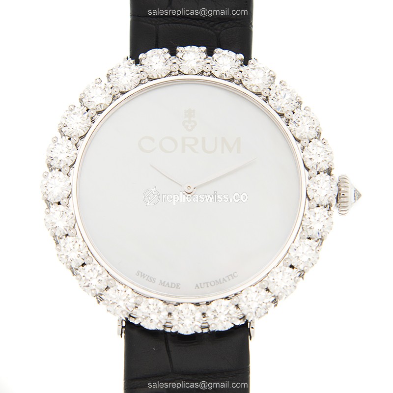 Corum 058.100.69/0001 Replica - Automatic - 18kt White Gold - Diamond - White Dial - Black Alligator Buckle - Luxury Corum Watch