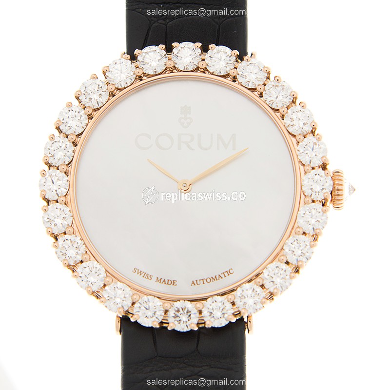 Corum CLASSIQUE Replica - Automatic 18kt Rose Gold - Diamond Dial - White - Alligator Black Strap - Luxury Replica CLASSIQUE Watch