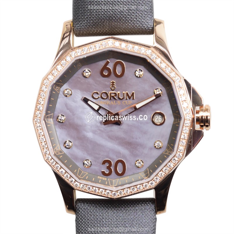 Corum ADMIRALS CUP - Automatic 18kt Rose/Steel - Pink Dial - Buckle Clasp - Grey Fabric Strap