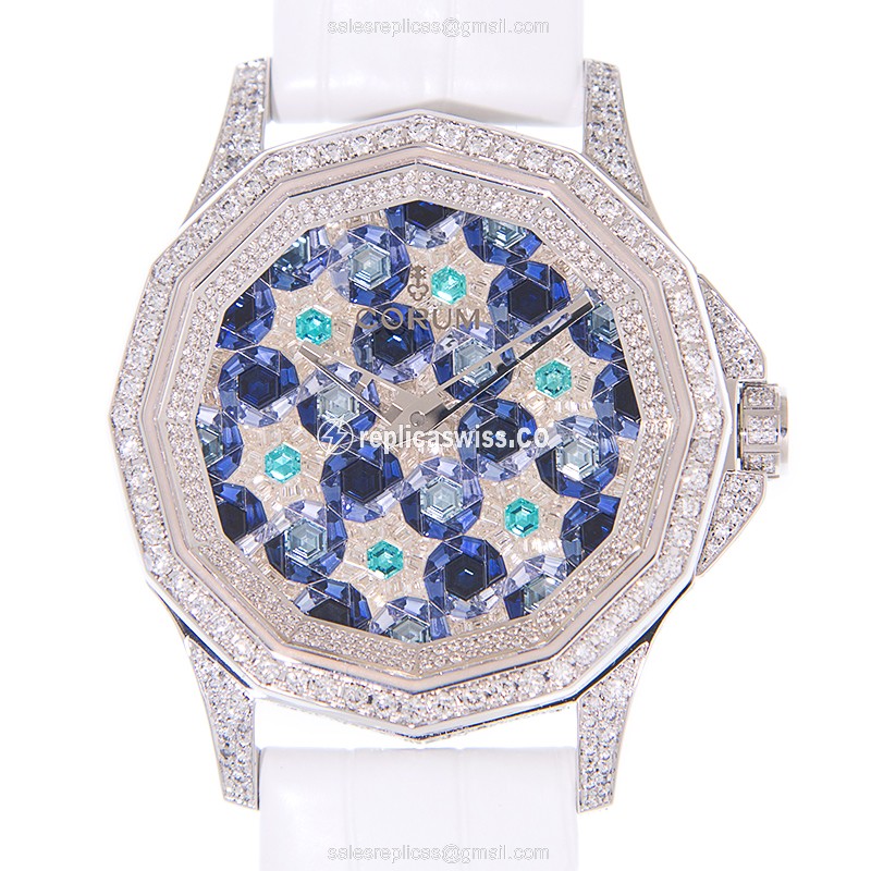 Corum Admiral's Cup Replica - Automatic - 18kt White Gold - Diamond - Blue Dial - Alligator Strap