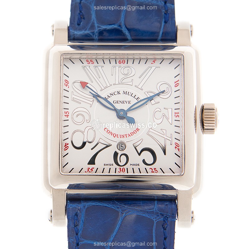 Franck Muller Conquistador Replica - Automatic - 18kt White Gold - Silver Dial - Blue Alligator Buckle - Luxury Replica CONQUISTADOR Watch