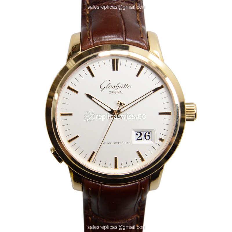 Glashutte Senator Panorama Date Replica - Automatic - 18kt Rose Gold - White Dial - Brown Alligator Strap