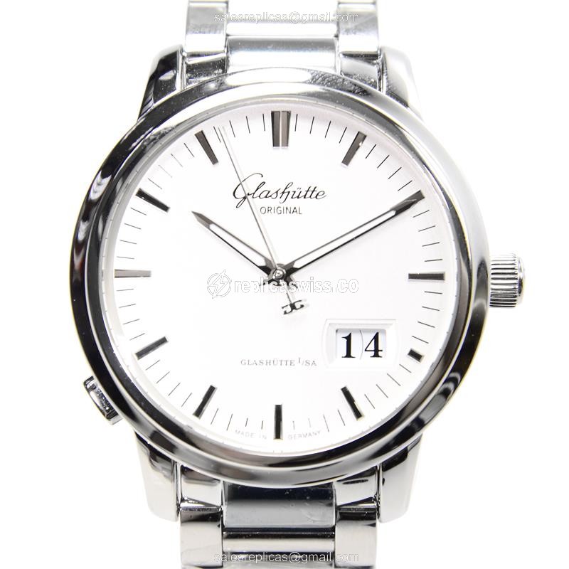 Glashutte Senator Panorama Date - Automatic - Stainless Steel - White Dial - Silver Clasp