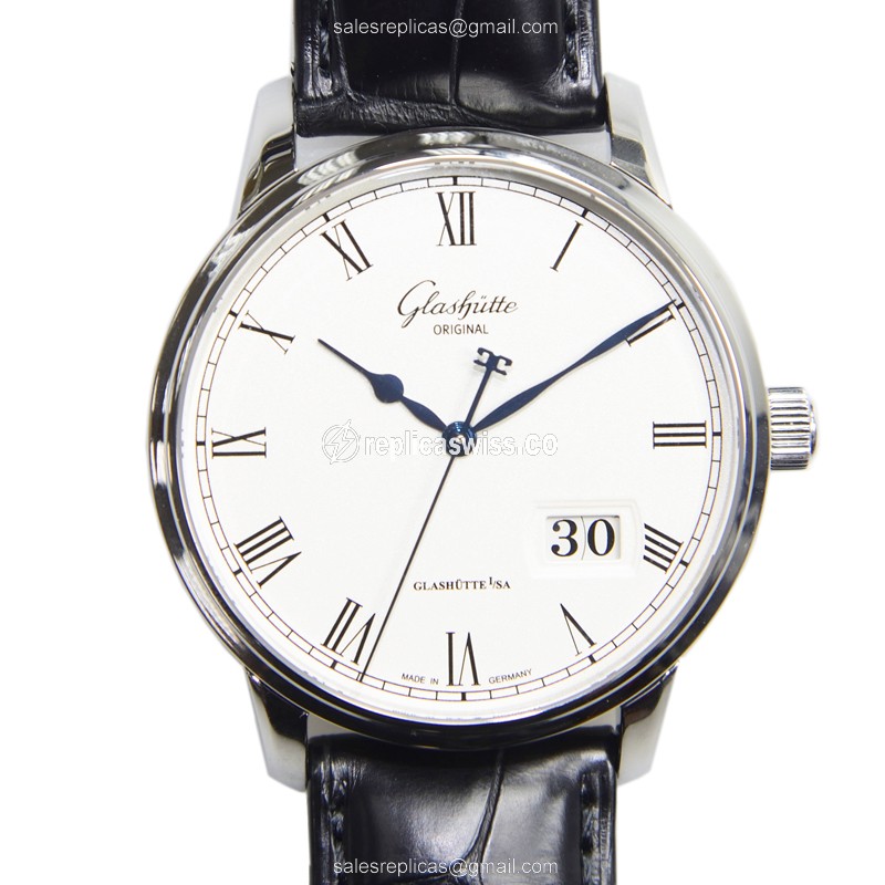 Glashutte Senator Panorama Date - Automatic - Steel - White Dial - Black Alligator Strap