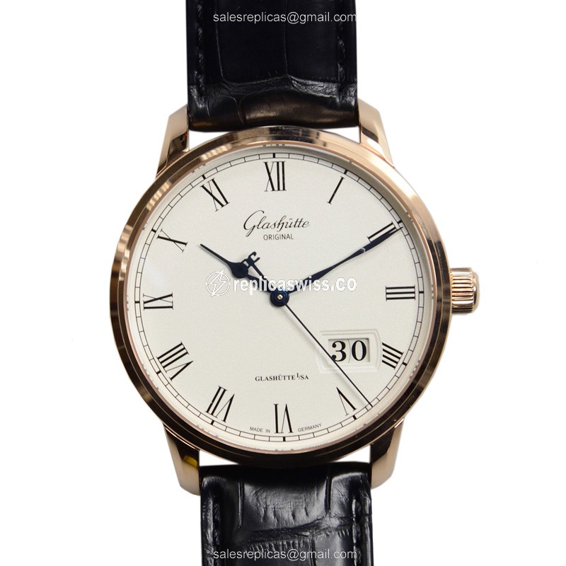 Glashutte Senator Panorama Date Replica - Automatic - 18kt Rose Gold - Silver Dial - Black Alligator Strap