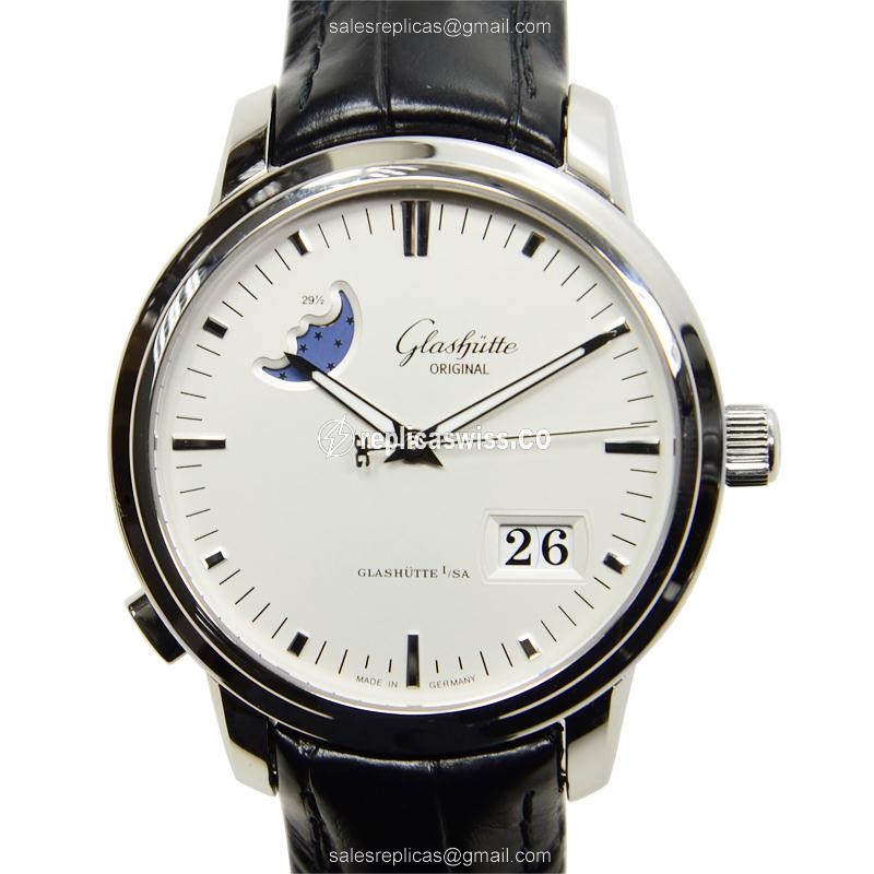 Glashutte SENATOR Replica - Auto - Stainless - White Dial - Black Alligator Strap