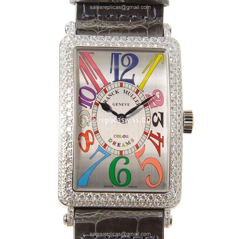 Franck Muller 1000 SC COL DRM D OG LONG ISLAND Auto 18kt White Gold - Diamond Silver Dial, Grey Alligator Buckle