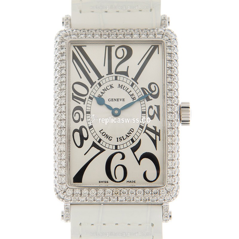 Franck Muller 1000 SC D LONG ISLAND - Auto 18kt White Gold - Diamond Silver Dial - Leather White Buckle - Luxury Replica LONG ISLAND Watch