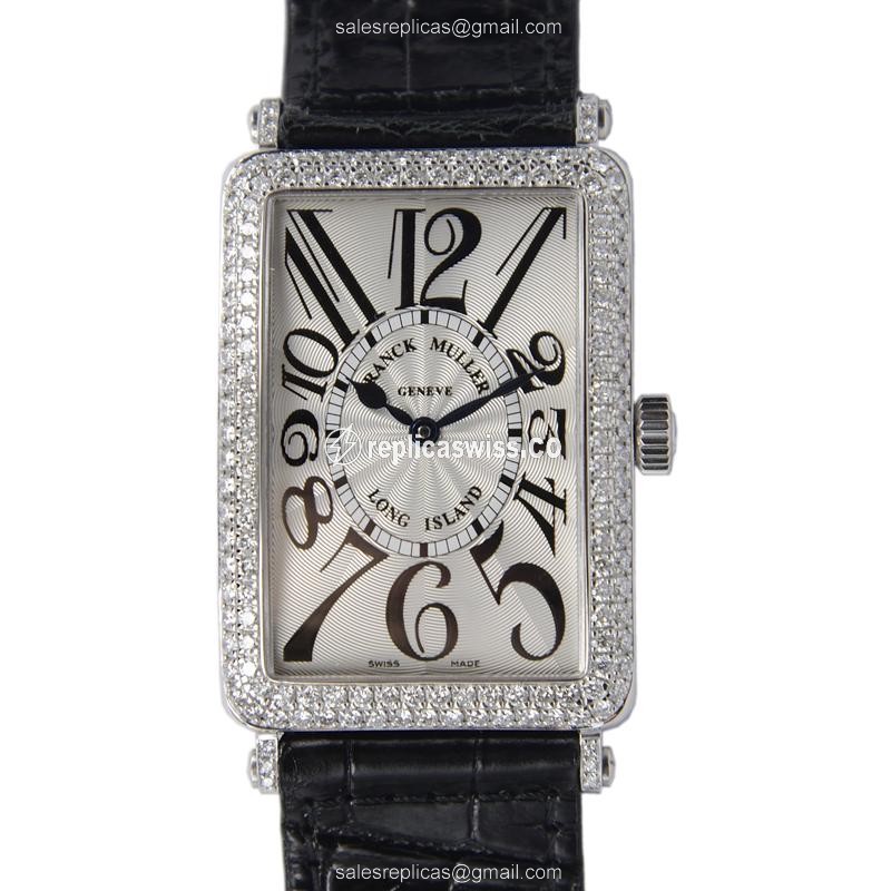 Franck Muller 1000SCD LONG ISLAND - Auto 18kt White Gold - Diamond Dial - Silver - Alligator Black Buckle - Luxury Replica LONG ISLAND Watch