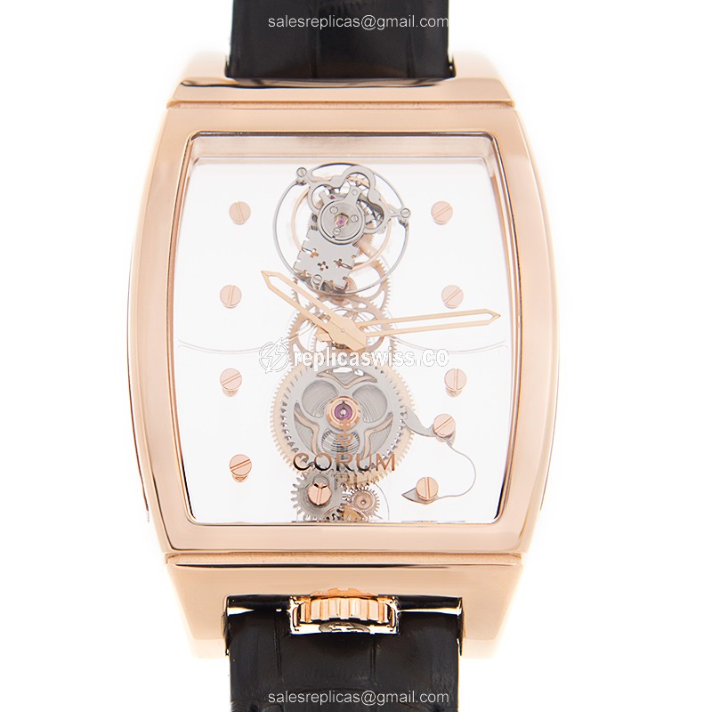 Corum Bridge Replica - Manual Wind - 18kt Rose Gold - Transparent - Black Alligator Strap
