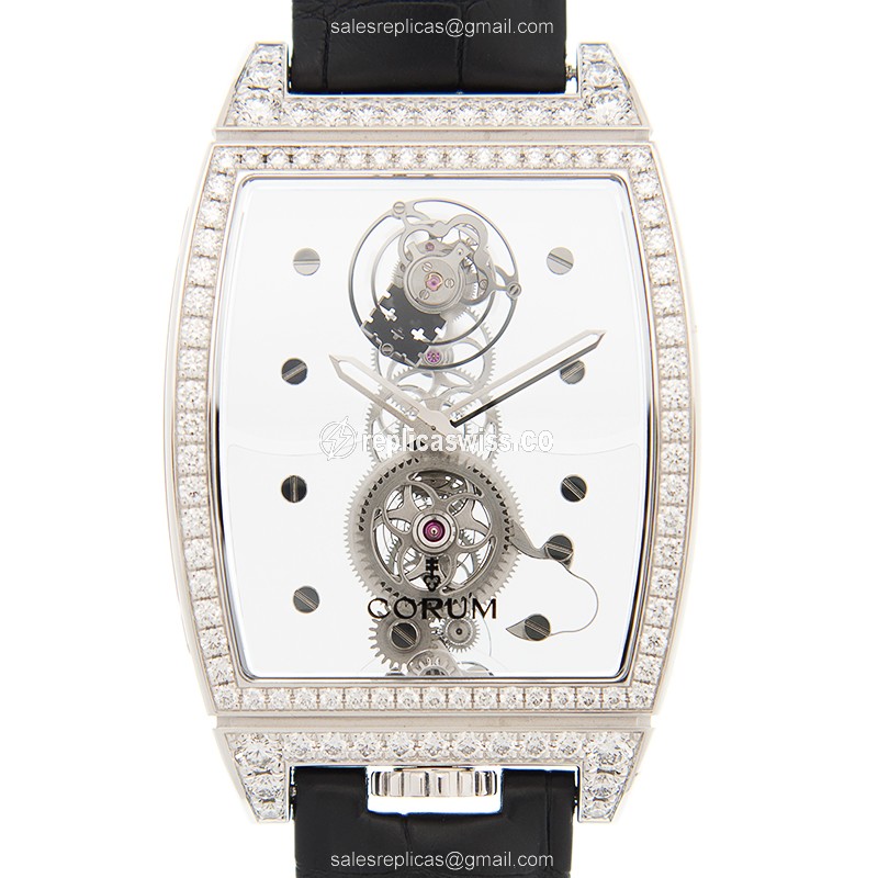 Corum BRIDGE Replica - Manual - 18kt White Gold - Diamond Skull - Black Alligator