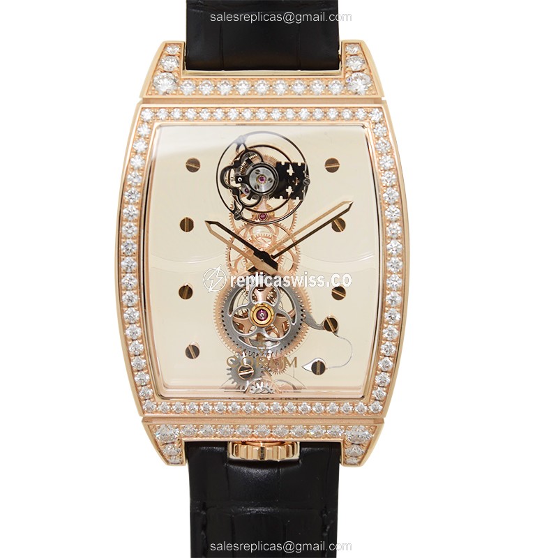 Corum Bridge Replica - Manual Wind - 18kt Rose Gold - Diamonds - Transparent - Black Alligator Strap
