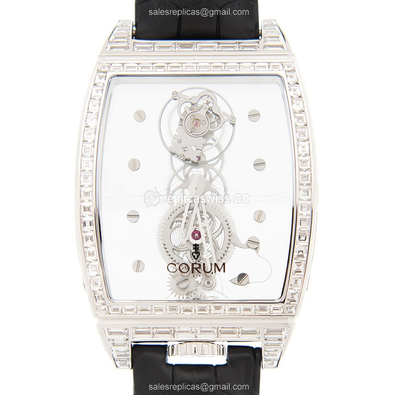 Corum Bridge Replica - Manual Wind - 18kt White Gold - Diamond Skull - Black Alligator Strap