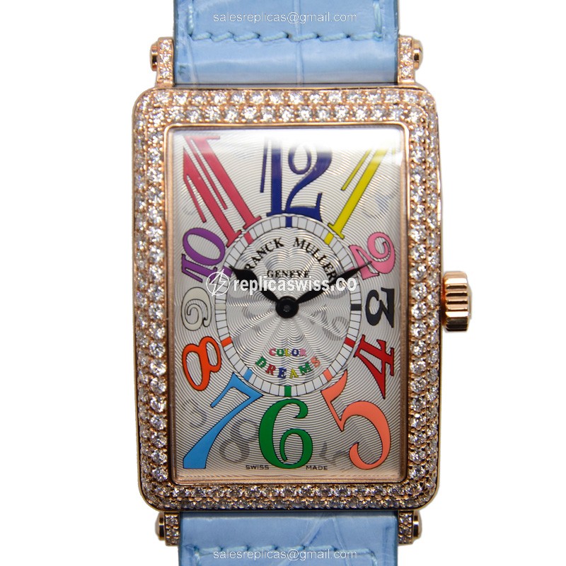 Franck Muller 1002 QZ COL DRM D Replica - Quartz - 18kt Rose Gold - Diamonds - Silver Dial - Blue Alligator Buckle - Luxury Replica LONG ISLAND Watch