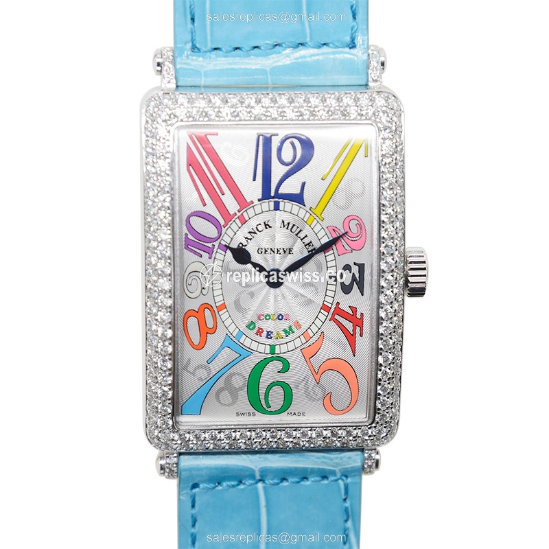 Franck Muller 1002 QZ COL DRM D OG Long Island Replica - Quartz - 18kt White Gold - Diamond - Silver Dial - Blue Alligator Strap - Buckle
