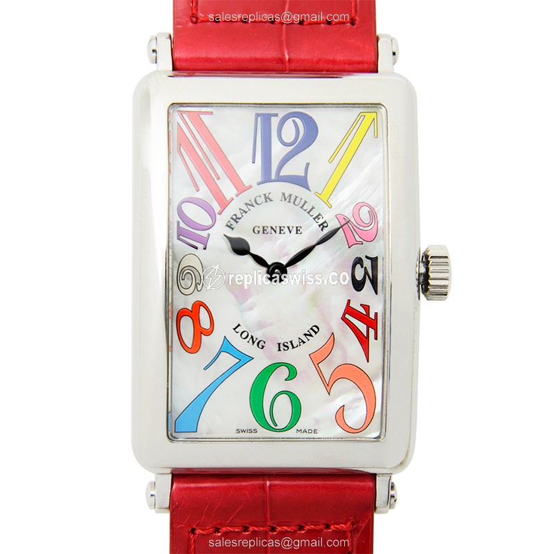 Franck Muller 1002 QZ COL DRM MOP Long Island - Quartz - Steel Case - Silver Dial - Red Alligator Strap - Buckle Clasp